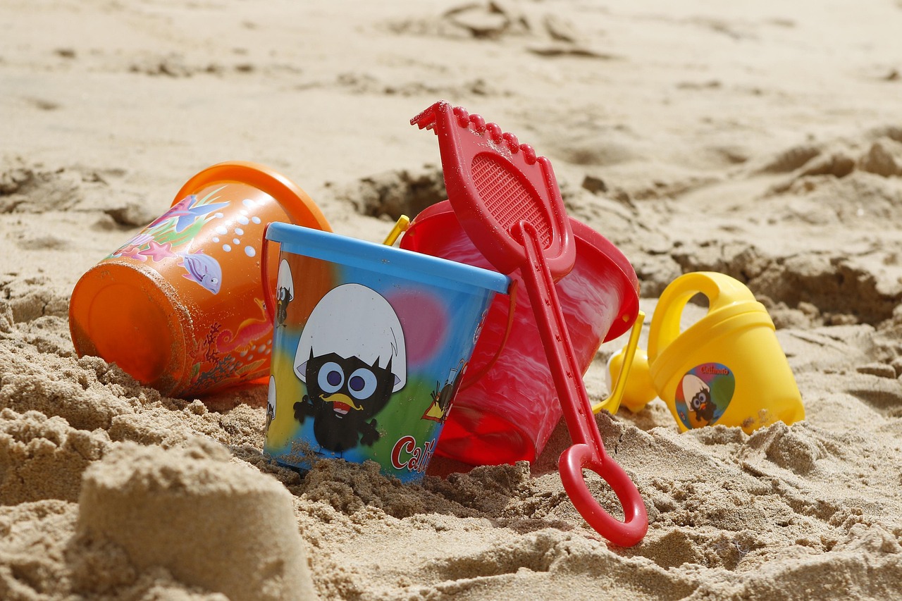 bucket, toys, sand, nature, beach, vacation, holidays, plastic, play, coast, seashore