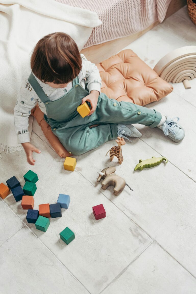A young child engaged in play with colorful wooden blocks and animal figures bought from a toy-shop indoors.